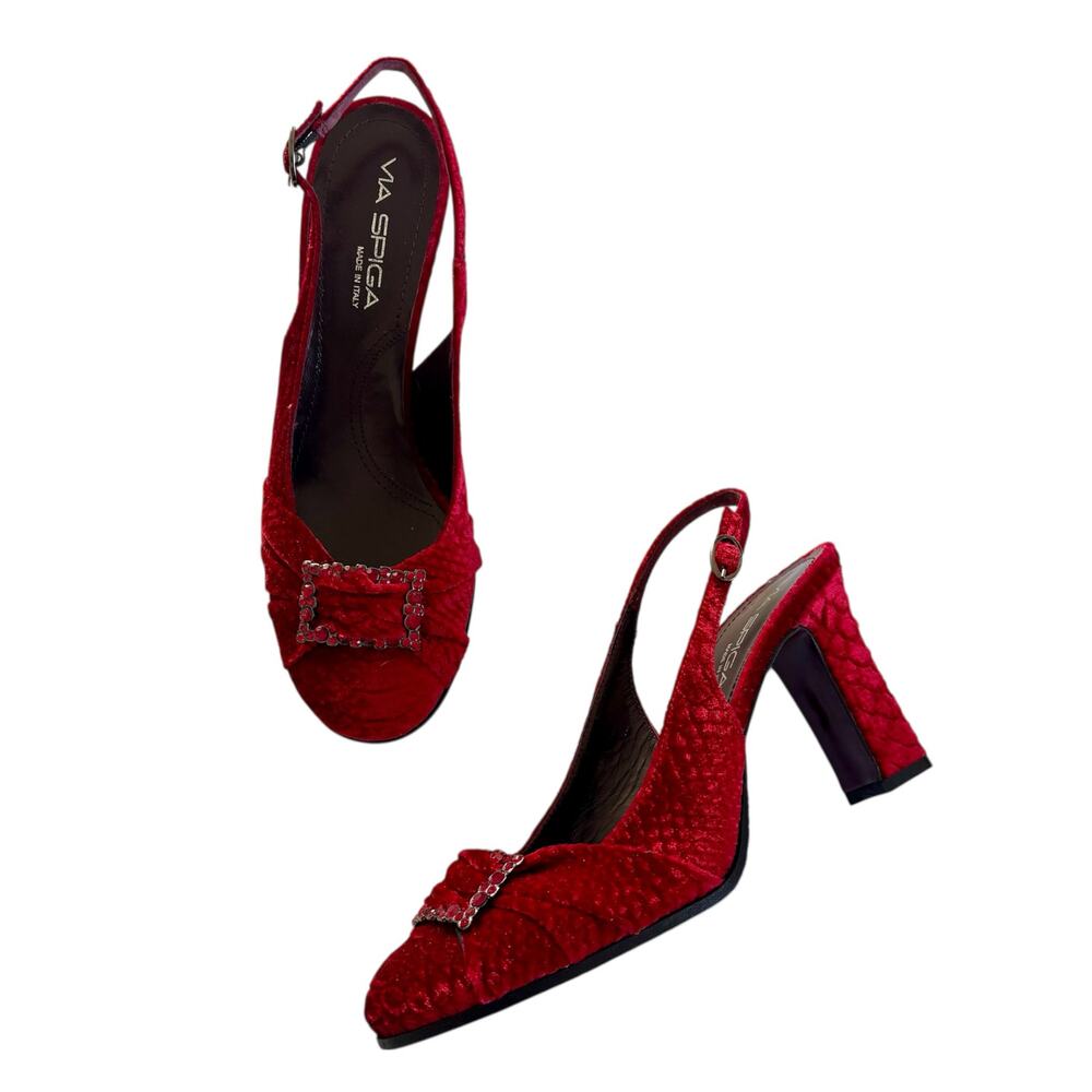 Via Spiga Red Velvet Rhinestone Gem Retro Disco Slingback Heels Women’s Size 8